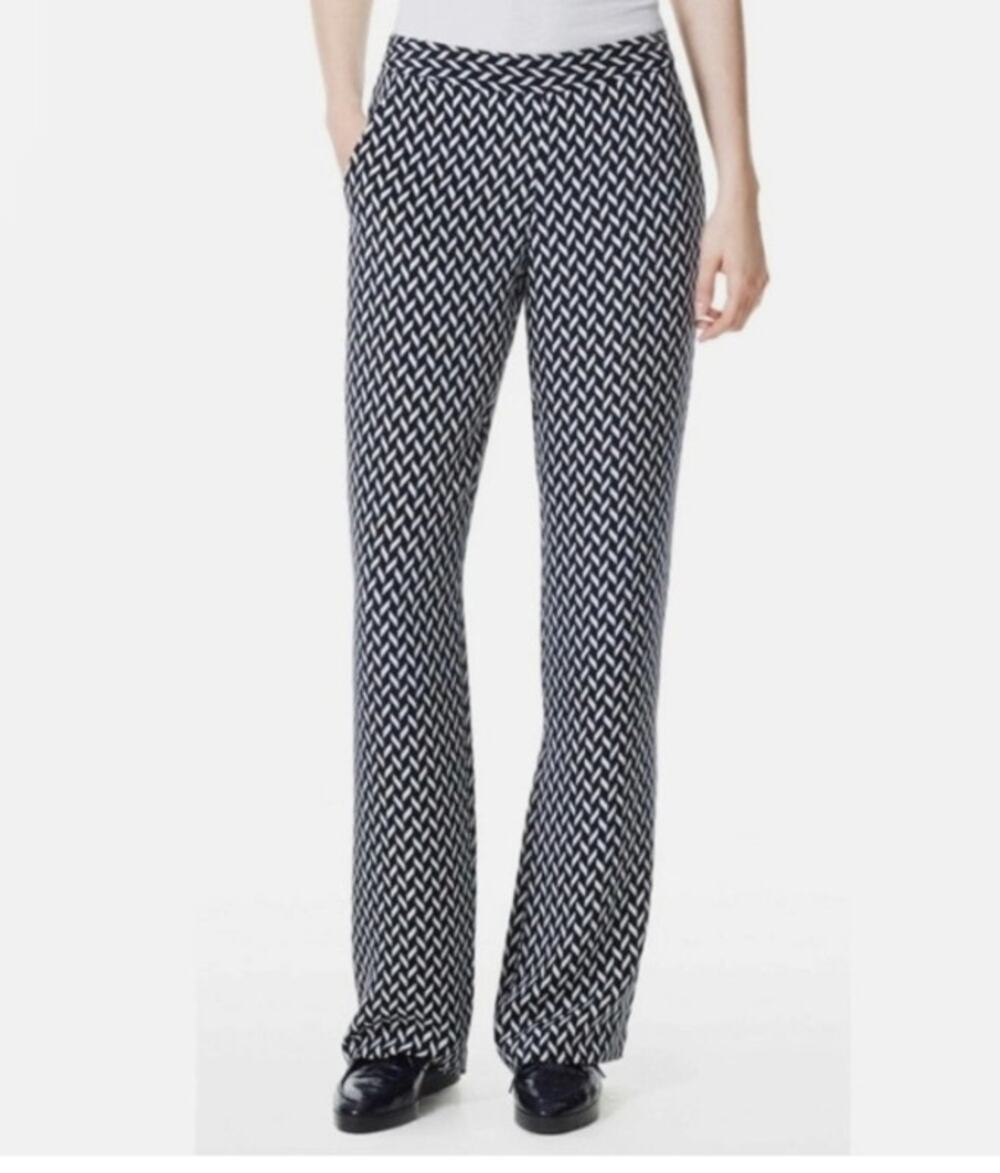 Theory Mitrana Silk Pull On Pants Sz 4 Navy White Geometric Print Office